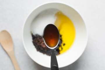 overhead view of Teaspoon of pure vanilla extract
