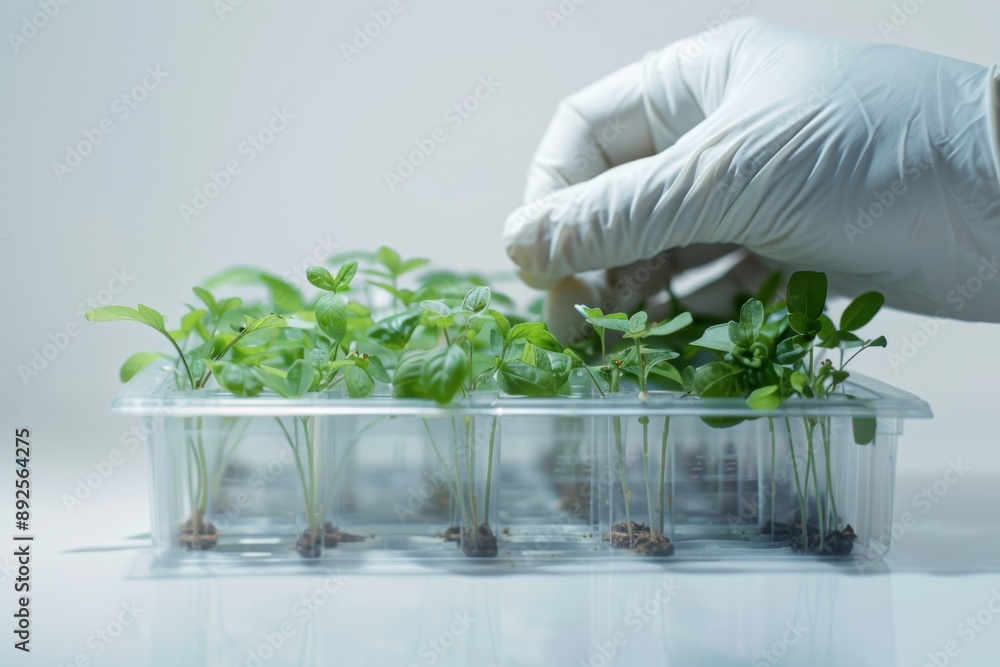 Poster Scientist investigating seedlings in a laboratory container Isolated on white background