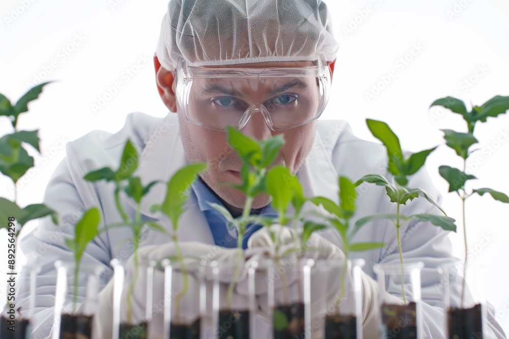Poster Scientist investigating seedlings in a laboratory container Isolated on white background