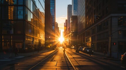 A sunset view of skyscrapers casting long shadows on city streets, creating a dramatic urban scene