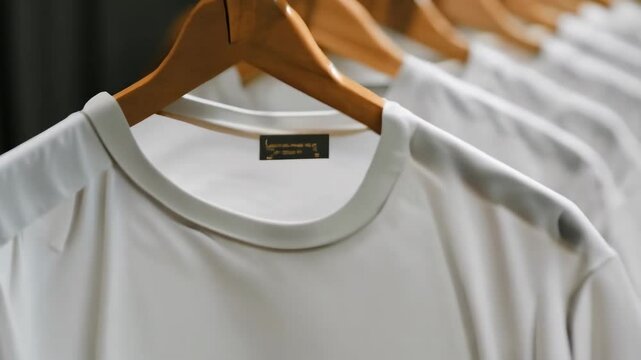 Row of t-shirt hanging on a rack in a clothing store