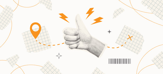 Modern collage with halftone hand thumbs up. Yellow location pin, with a route drawn in dashed yellow lines from the pin to destination marked with an X. Vector illustration © Liliya
