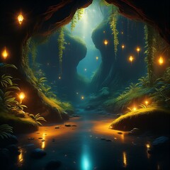 Obraz premium Lush cave with fireflies