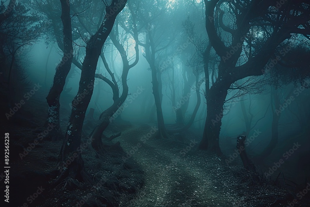 Poster a dark forest with a path through it. the trees are tall and the sky is cloudy. scene is eerie and m