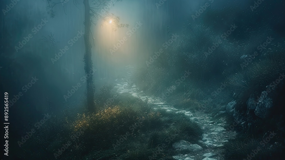 Poster a dark forest with a path leading through it. the path is illuminated by a light. scene is eerie and
