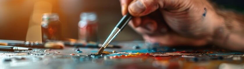 Obraz premium Close-up of an artist's hand holding a paintbrush creating vibrant artwork on a canvas. Art supplies are seen in the background.