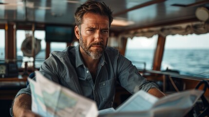 Ship captain with navigational charts, concentrated look, modern ship's bridge background is clear and clean