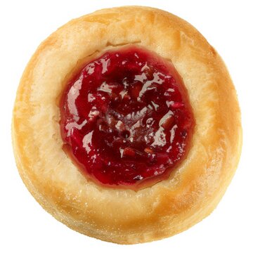 A single cherry kolache pastry, topped with a generous amount of red jam