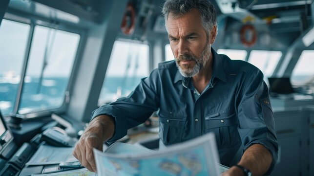 Ship captain with navigational charts, concentrated look, modern ship's bridge background is clear and clean