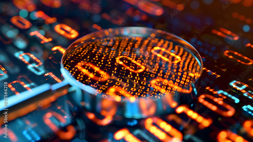 Poster a magnifying glass revealing intricate binary code patterns in bright orange against a dark high tec