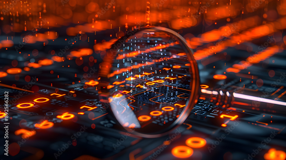 Poster magnifying glass examining glowing binary code reflected against a dark futuristic backdrop with dyn