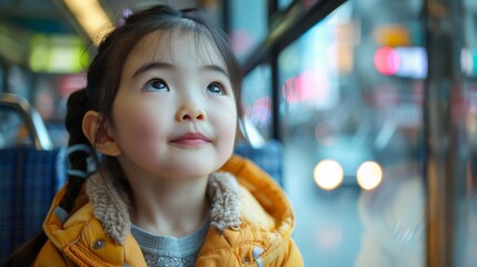Fototapeta premium Editorialized title: Cute Little Girl on a Bus Looking UpwardsKeywords: girl