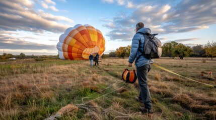 This image depicts the preparation of a hot air balloon for launch in a grassy field, with a person walking towards it, highlighting the meticulous setup process and anticipation.