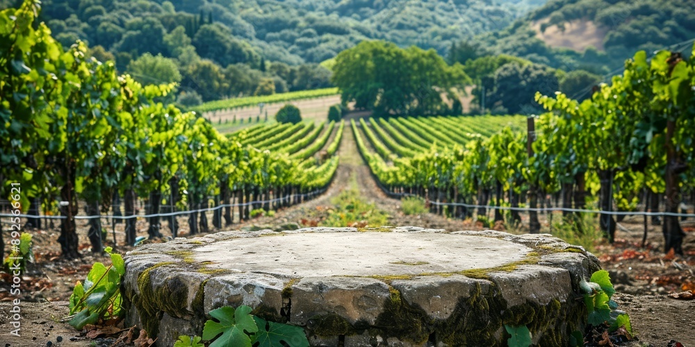 Poster close up, small round empty podium in a lush vineyard, with rows of grapevines stretching out behind