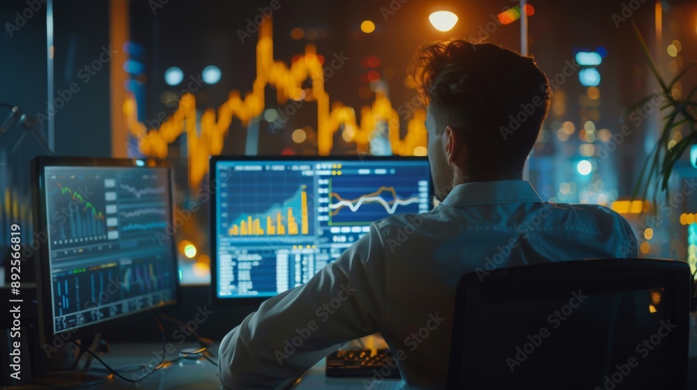 Poster a trader analyzing gold price graphs and economic indicators in a modern office setting