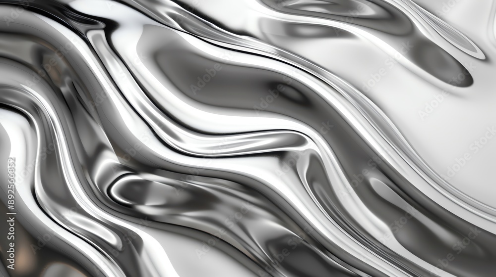 Poster Abstract liquid metal texture with smooth flowing patterns and reflective shiny surface in a monochrome color scheme.