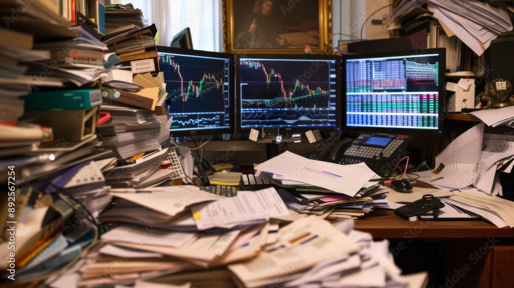 Aufkleber A trader's desk cluttered with paperwork and multiple monitors displaying stock market graphs