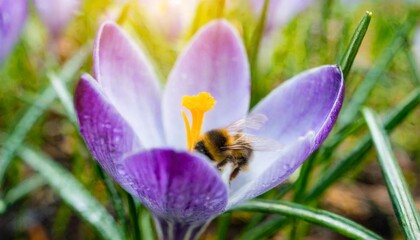 Busy bee inside of lilac crocus flower in blossom close-up. sun after a rain; springtime
