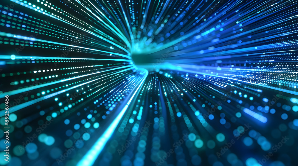 Poster vibrant data streams of glowing blue and green light trails converging towards the center of a high 