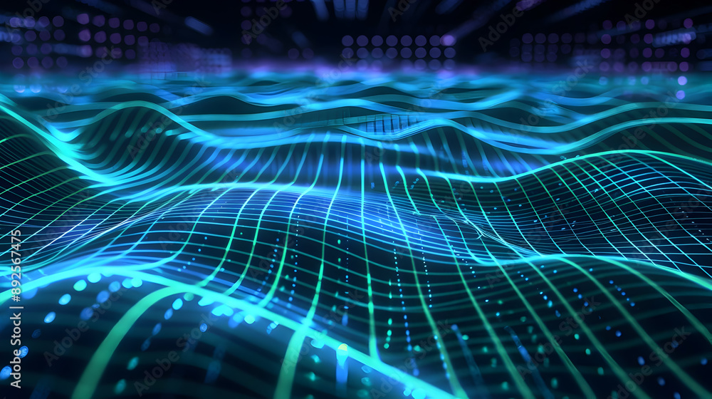 Poster vibrant digital data stream with flowing light trails and converging lines an visualization of a dyn