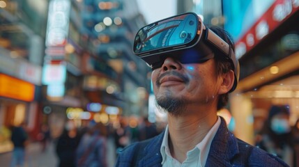 Fototapeta premium Man Using VR Headset in Busy Urban Street