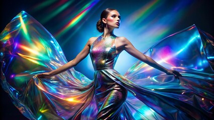 A fashion model wearing a holographic dress that reflects different hues with each movement, captured in a studio with dramatic lighting.