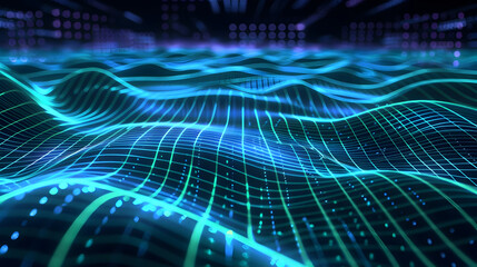 Fototapeta premium Vibrant Digital Data Stream with Flowing Light Trails and Converging Lines An visualization of a dynamic tech inspired data display with glowing effects high contrast and detailed textures
