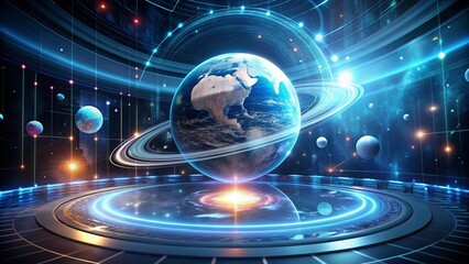 A holographic display of a planet floating in mid-air, surrounded by digital data and icons, set against a dark space-themed background.