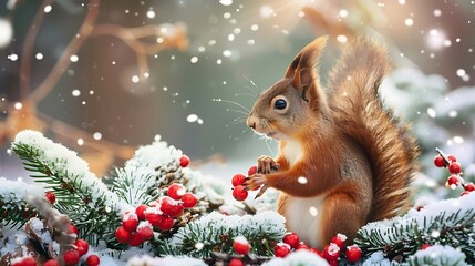 christmas banner background cute squirrel in winter garden