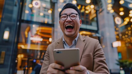 Fototapeta premium Man Laughing While Holding Smartphone