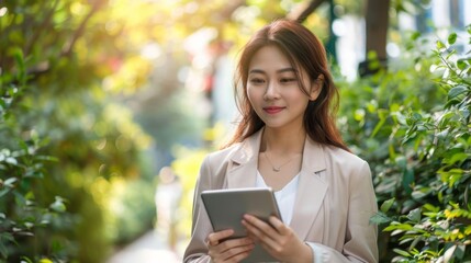 Fototapeta premium Young Woman Using Tablet Outdoors