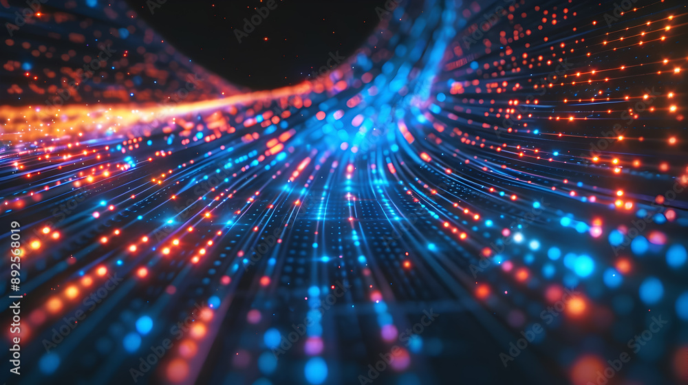 Poster futuristic digital data stream with vibrant blue and red light trails flowing dynamically against a 