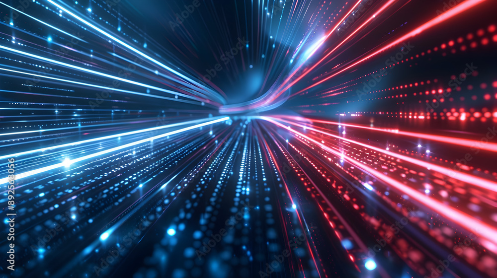 Poster futuristic data stream with vibrant blue and red light trails flowing dynamically against a dark gri