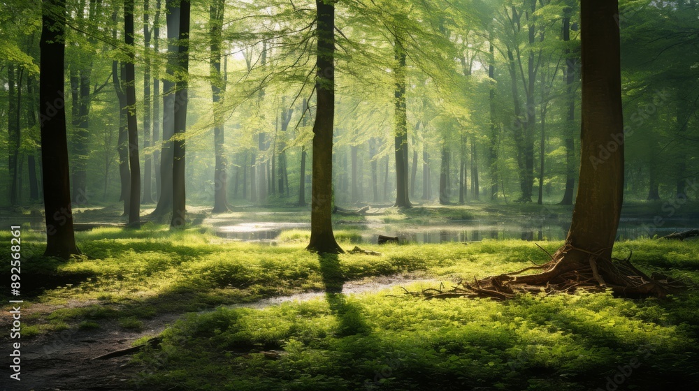 Poster spring forest with new leaves and sunlight filtering through trees, fresh and tranquil