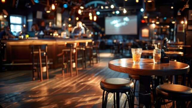 A sleek, modern bar with a wooden table and a single drink, featuring scattered bar stools and soft, ambient lighting, creating a relaxed nightlife atmosphere.