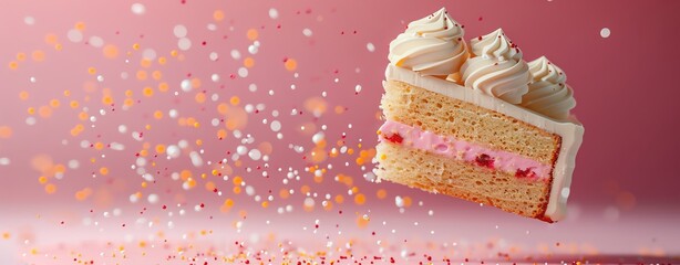 Floating slice of cake with icing and crumbs, mid-air, isolated on a vibrant background, great for a dessert theme