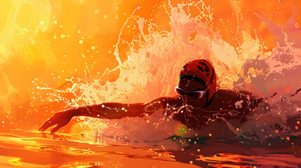Dynamic digital painting depicting a swimmer in mid stroke surrounded by splashes of water  The scene is set during a warm sunset with vibrant orange and pink hues reflecting off the water s surface