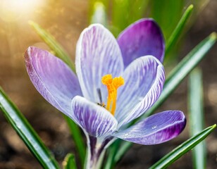 Busy bee inside of lilac crocus flower in blossom close-up. sun after a rain; springtime