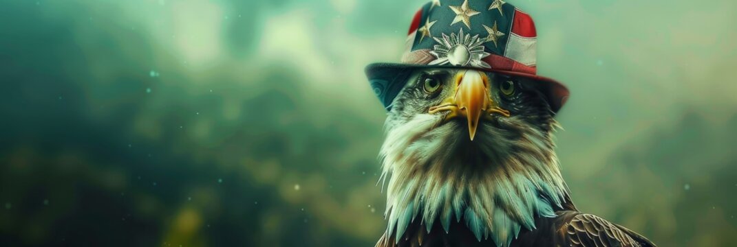 Bald Eagle in American Flag Hat, Patriotic Symbol of Freedom - A bald eagle wearing a hat with the American flag design, symbolizing freedom, patriotism, pride, unity, and strength. - Powered by Adobe