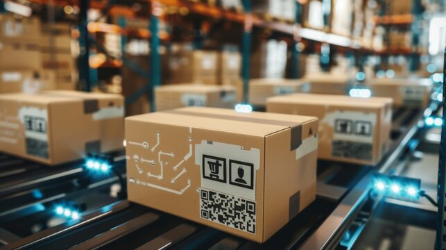 Automated Warehouse with Conveyor Belt and Packages with QR Code - A close-up of a conveyor belt in a modern warehouse with boxes moving towards the camera. The boxes are labeled with QR codes and rep