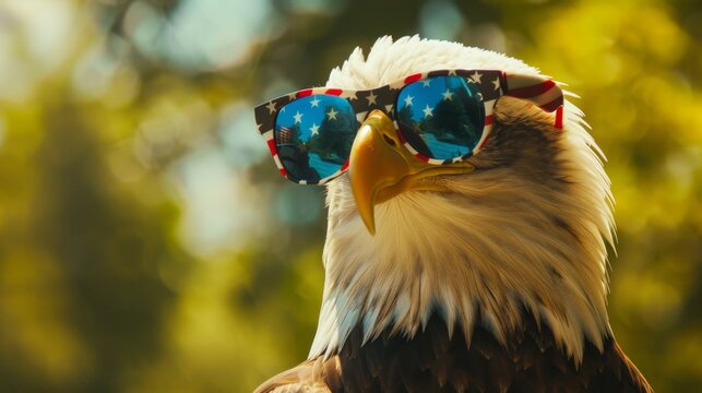 Bald Eagle Wearing American Flag Sunglasses - A bald eagle with a serious expression is wearing sunglasses with an American flag pattern. The eagle is looking directly at the camera with a cool and co
