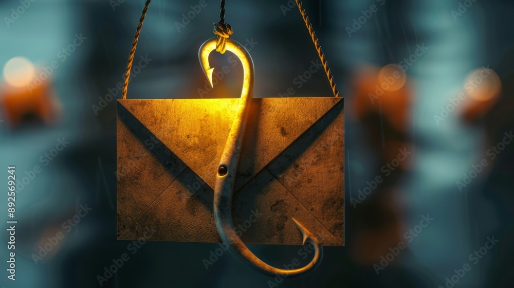 Aufkleber beware of phishing emails - hooked by deception - an envelope with a hook symbolizes the dangers of 