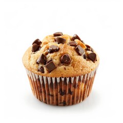 A freshly baked chocolate chip muffin, ready to be enjoyed