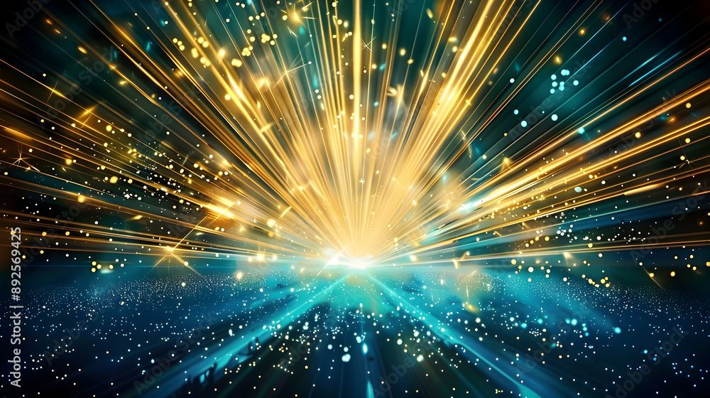 Poster an of a futuristic light show within a massive darkened arena intricate golden and blue beams create