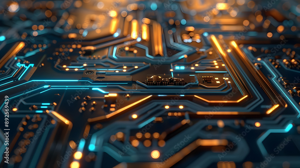 Poster a captivating macro photograph showcasing a futuristic circuit board with intricate golden pathways 