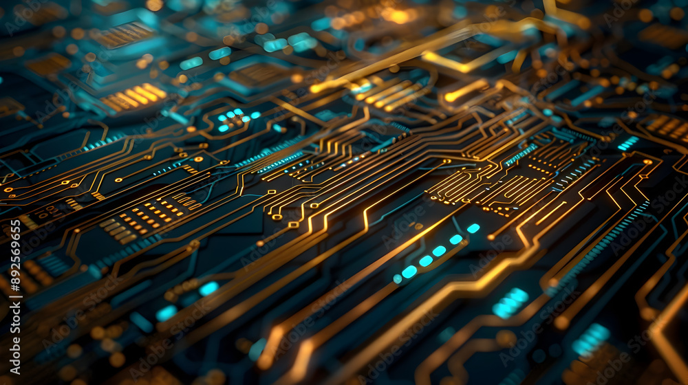 Poster macro photograph of a futuristic circuit board illuminated by soft blue and gold light highlighting 