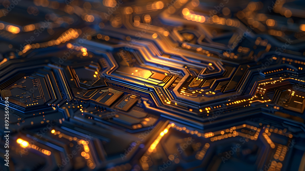 Poster macro photograph of a futuristic circuit board with intricate pathways reflective surfaces and soft 