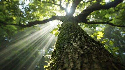 Fototapeta premium Enchanted Forest Canopy Lush Greenery with Sunrays Peeking Through, Creating Serene Atmosphere of Magic and Tranquility