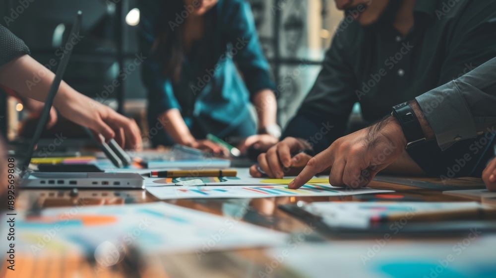Poster business team collaboration: brainstorming and strategy - a team of professionals collaborate around