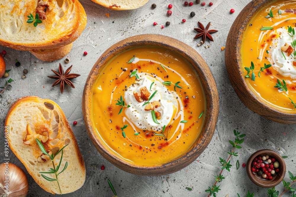 Poster a bowl of soup with a spoon in it sits on a table with bread and spices. the bowl of soup is full an